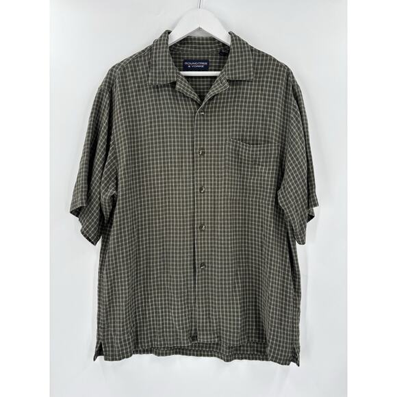 Roundtree & Yorke Vintage Button Down Mens Medium Green Grid Plaid Short Sleeves - Picture 1 of 16